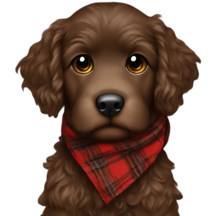 Chocolate brown colored doodle with a red and black flannel hankerchief emoji
