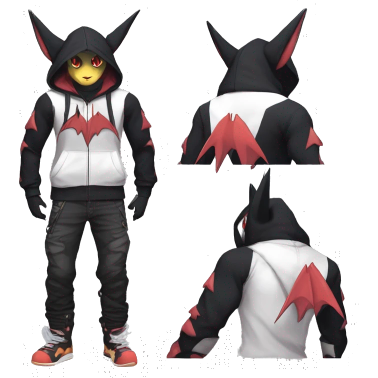 Dark Black Unique Anthro Cool Kawaii Horned Bat-Winged Noivern-Zangoose-Litten-Feline-Pokémon with edgy stripes Punk Hoodie emoji
