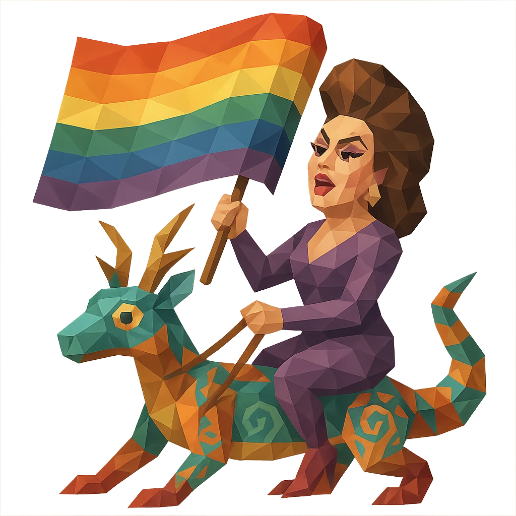 drag queen on a low-poly alebrije, holding an LGBTQ flag, low-poly polygonal illustration emoji