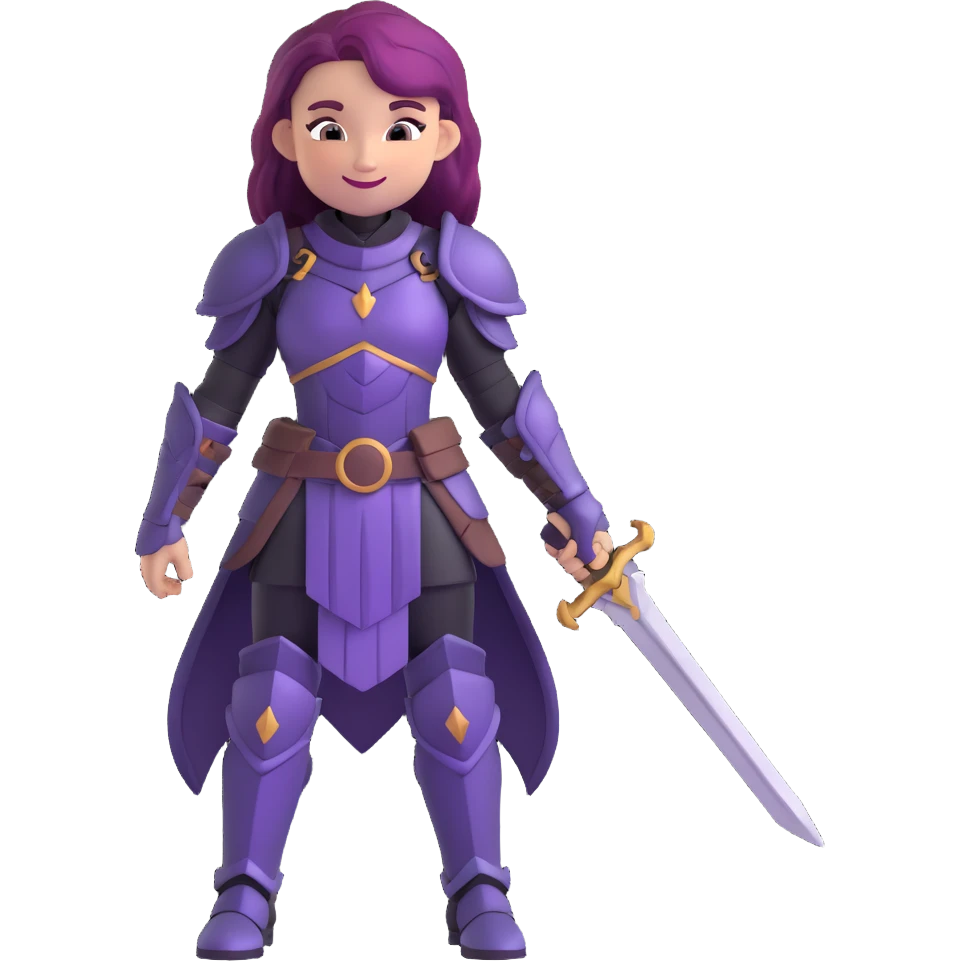 mysterious warrior girl with flowing purple hair, dressed in black armor, smiling gently, emoji style emoji