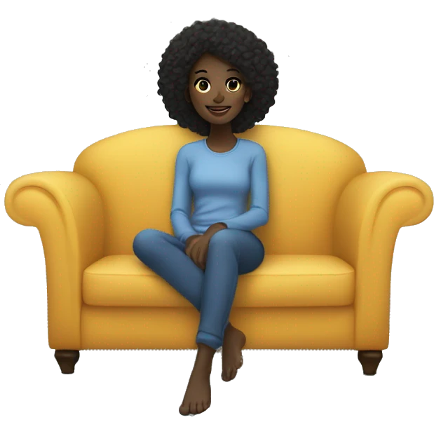 black girl, straight hair, lounging on a comfy blue couch, with her feet up, looking relaxed and happy emoji