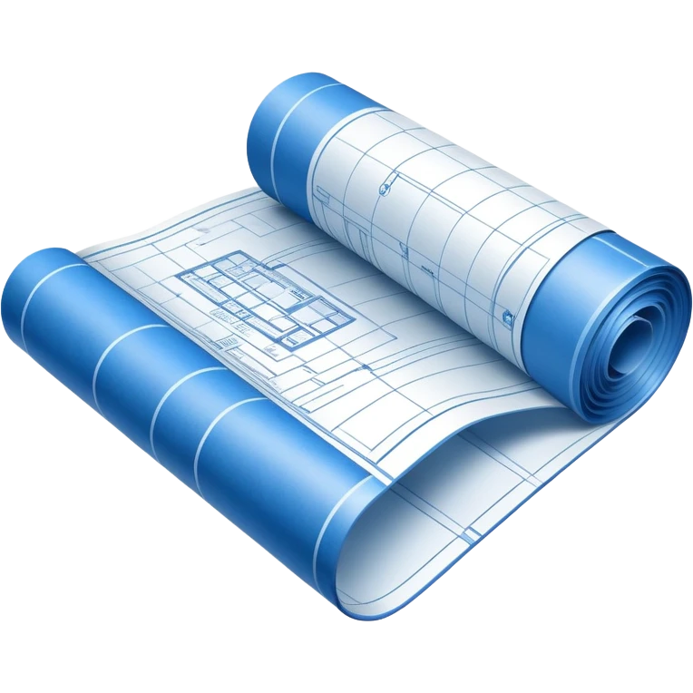 blue blueprint plan with white lines, partially rolled up, perspective view emoji