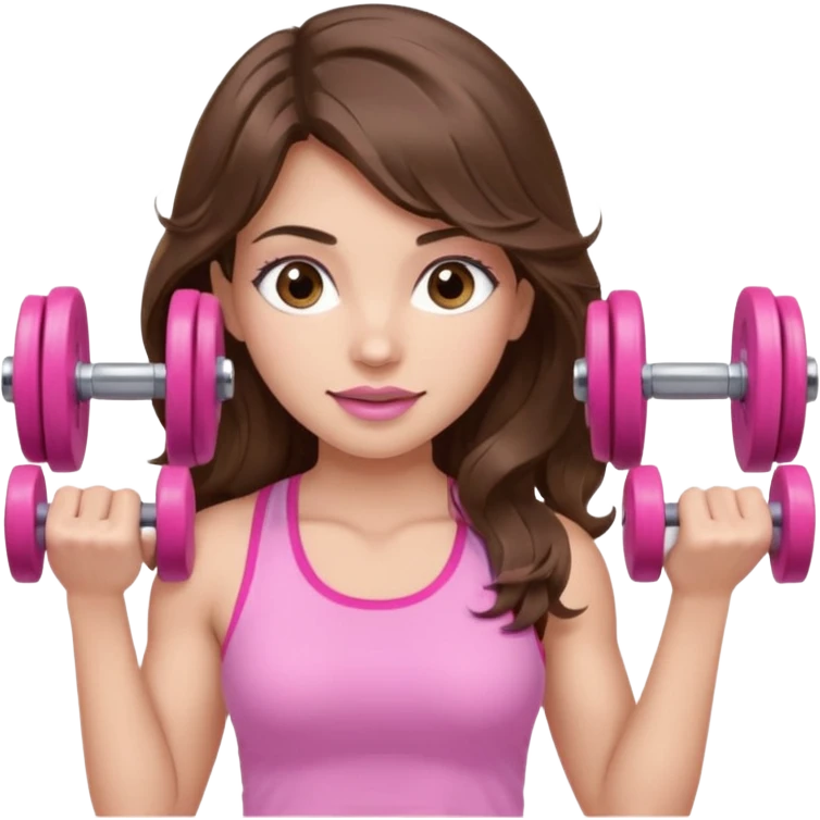 girl with wavy long brown hair, brown eyes, light to medium complexion, long lashes, light pink lipstick, wearing light pink shirt, lifting a pink dumbbells in a sports top emoji