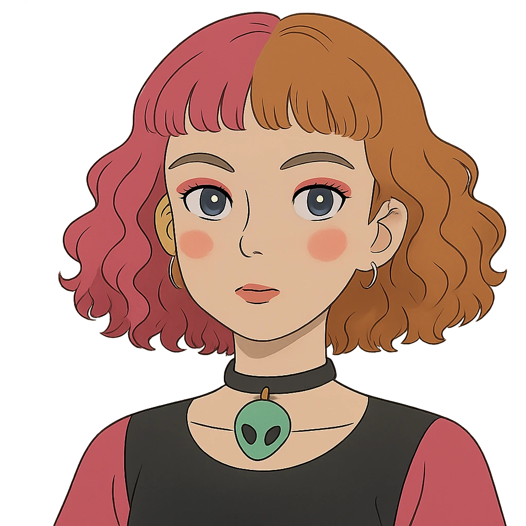 girl with blue eyes, pink makeup, narrow eyebrows, earrings, green alien head choker, black and pink blouse, curly shoulder-length hair, half hot pink half ginger, short straight baby bangs emoji