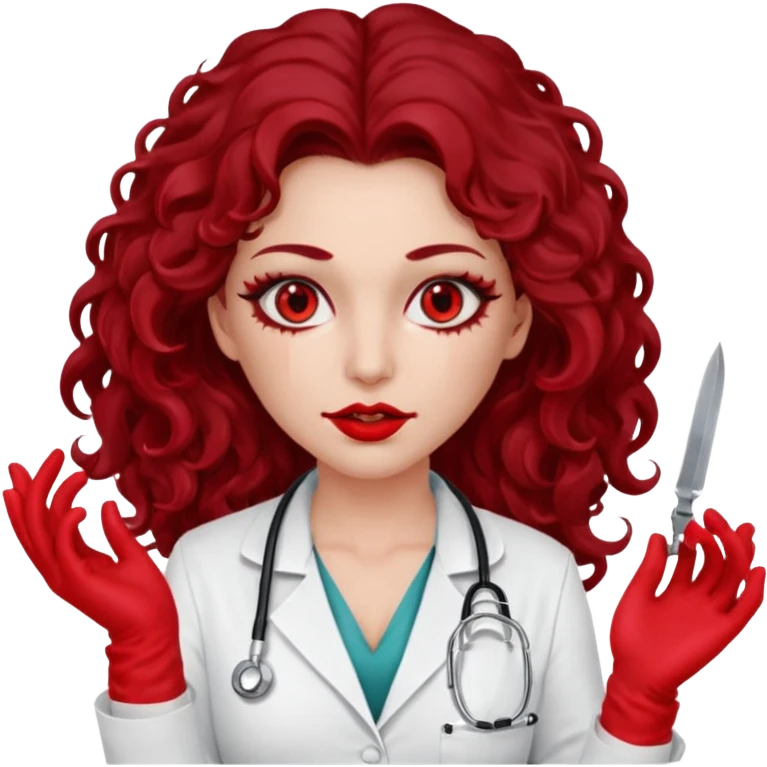 Lilith scalpel in hand, evil surgeon sexy surgeon clothes.  She has red eyes. She has dark brown long curly hair. Wears sexy doctor outfit with red gloves. Covers mouth neck and nose with red litham for Muslim woman emoji