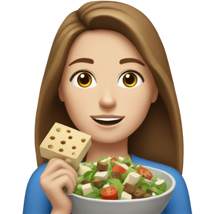 White girl Brown hair blue eyes freackles eating Tofu salad emoji