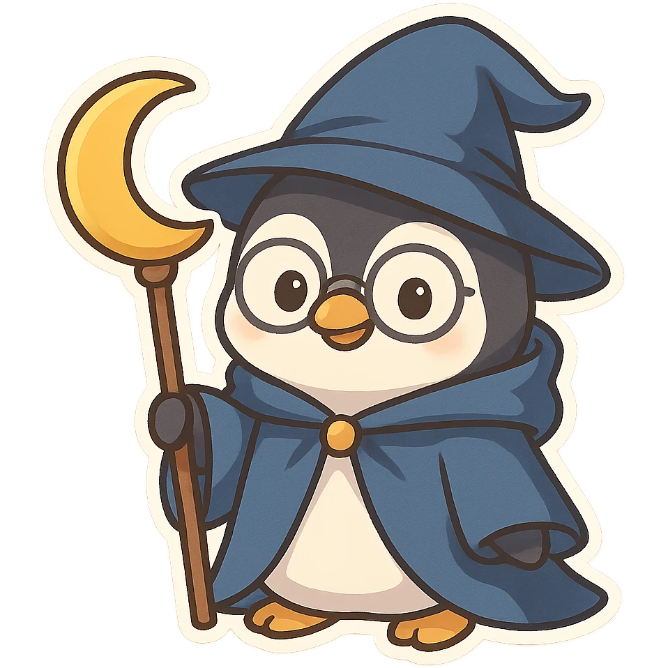 a cartoon penguin wizard with glasses, a blue cloak, and a crescent moon staff emoji