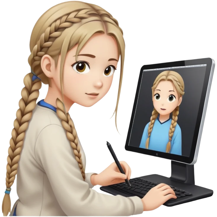 girl with dark blonde hair two braids is drawing on a graphics tablet while watching anime on a second monitor emoji