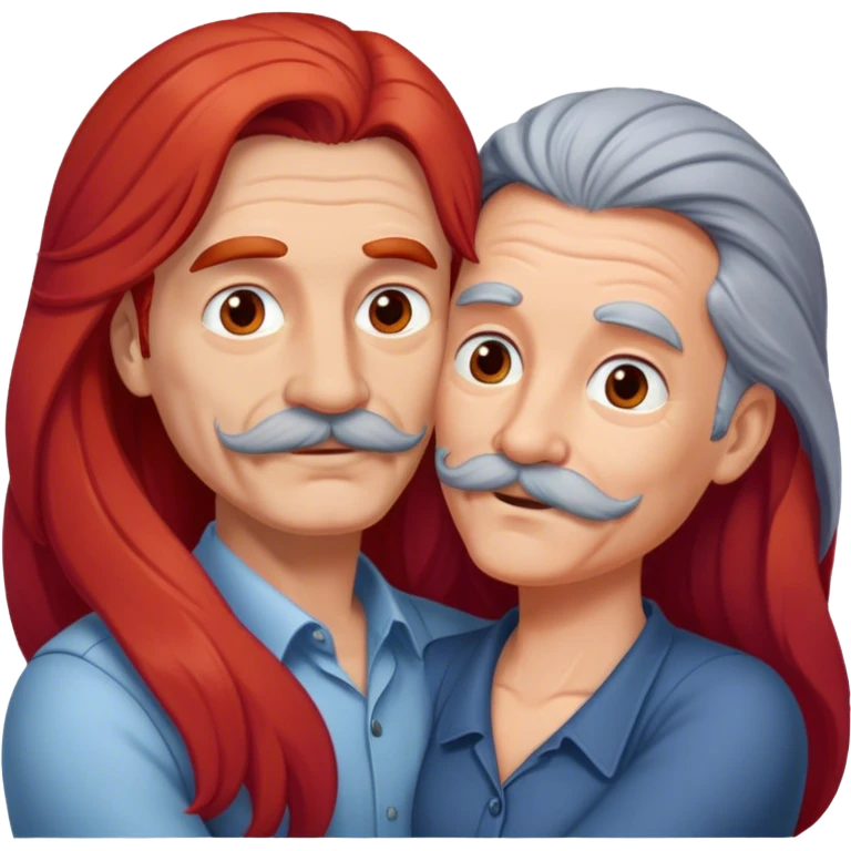 Long red hair woman and gray hair man with mustache and without wrinkles hugging emoji