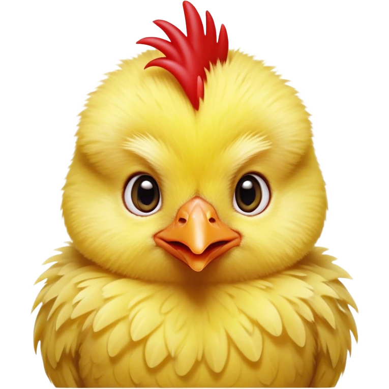 Cinematic Cute Yellow Baby Chicken Portrait Emoji, Head tilted playfully and inquisitively, featuring a fluffy, vibrant yellow downy coat with a tiny red comb, round, sparkling beady eyes filled with curiosity, Simplified yet irresistibly adorable features, highly detailed, glowing with a warm, friendly glow, high shine, affectionate and lively, stylized with a touch of playful whimsy, bright and endearing, soft glowing outline, capturing the essence of a mischievous yet loving chick, so playful it feels like it could peep out of the screen and into your arms! emoji