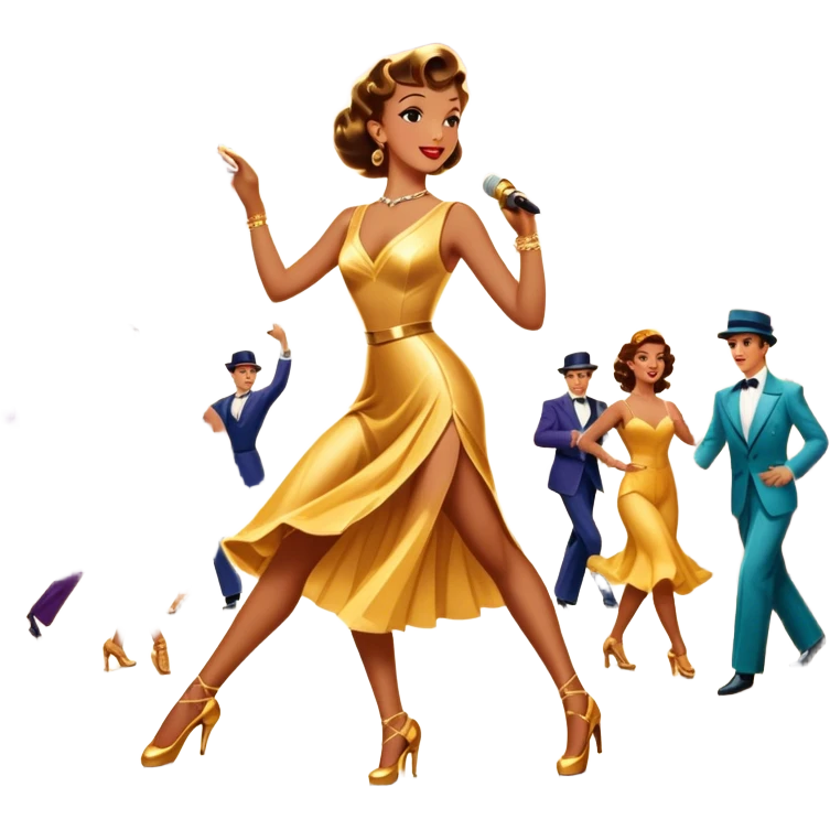 Vintage movie poster-style icon for a musical film. The cityscape glows in the background, evoking the golden era of musicals. A vibrant street scene with bright lights, dancers mid-step, a singer with a microphone. Transparent background. emoji