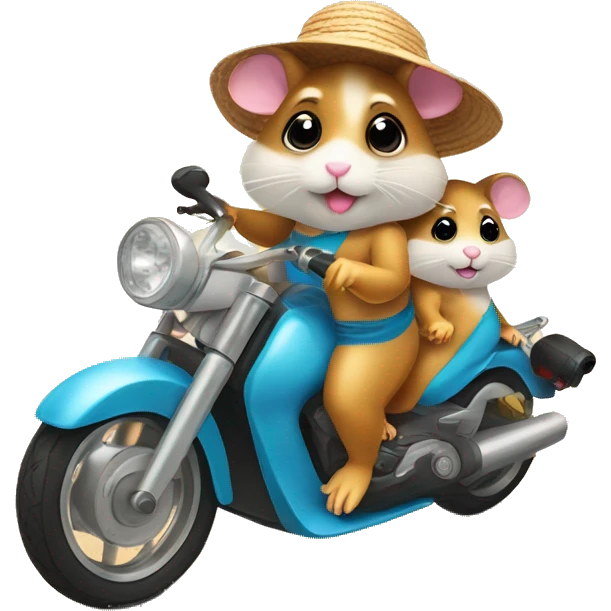Two hamsters wearing swimwear and sun hat driving by motorbike on the beach emoji