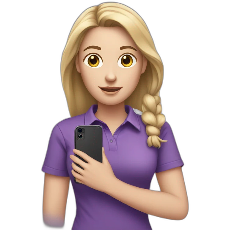 white girl with purple shirt with hand in her phone emoji