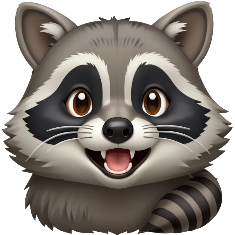 Cinematic-Cute-Yawning-Raccoon-Portrait-Emoji – Head tilted slightly with a dramatic, wide-open yawn, revealing a soft grey and black fur with a striped bushy tail, round brown eyes barely open in drowsy curiosity zoome out to show shoulders emoji