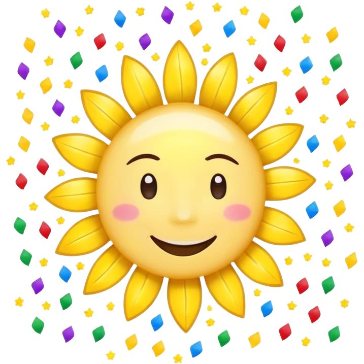 bright sun with smiling face and colorful confetti, representing 'Good morning and happy Friday, team!' mood emoji