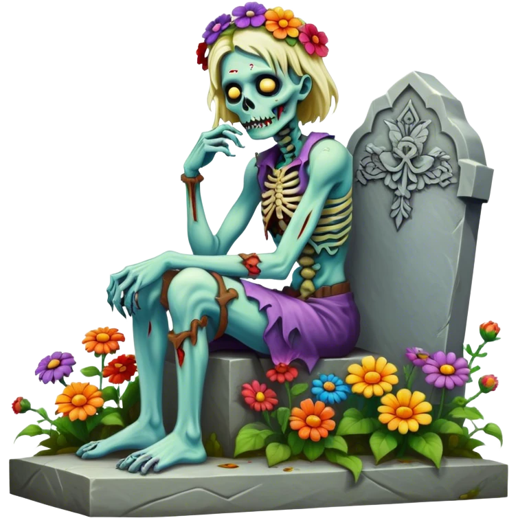 Cinematic ultra detailed 32k HD Psychedelic colored hippie style zombie with flowers sitting on a tombstone emoji