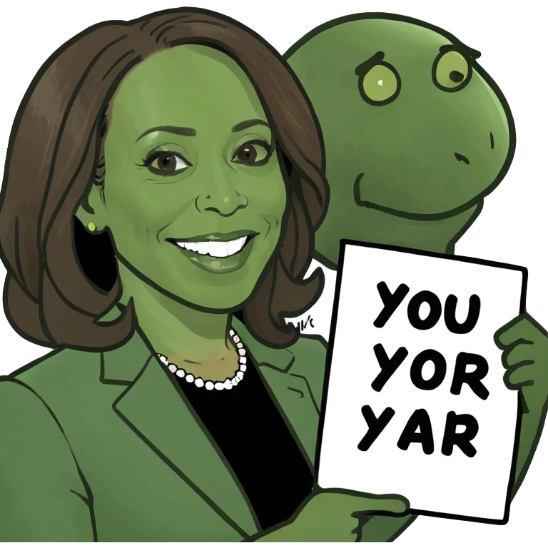 Kamala Harris bald holding a sighn saying I aborted my last brain cell emoji