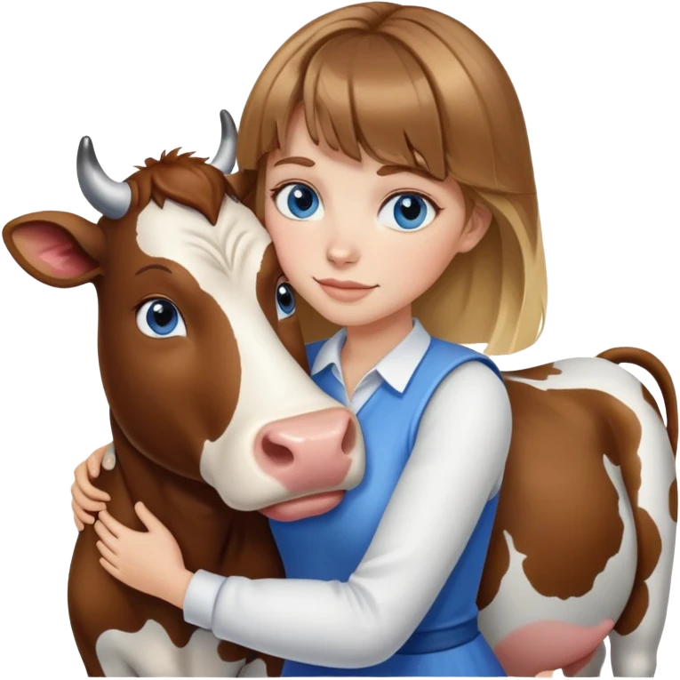 Woman with brown hair and blonde highlights, bangs in front, blue eyes, hugging a cow emoji