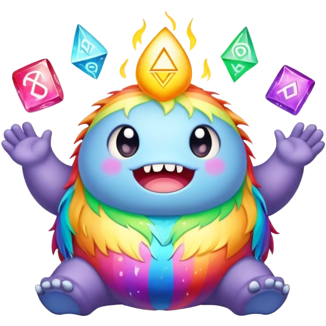 Kawaii derpy fat rainbow monster surrounded by magic runes, rich textures, visually rich, so lifelike that it feels like it could leap off the page at any moment emoji
