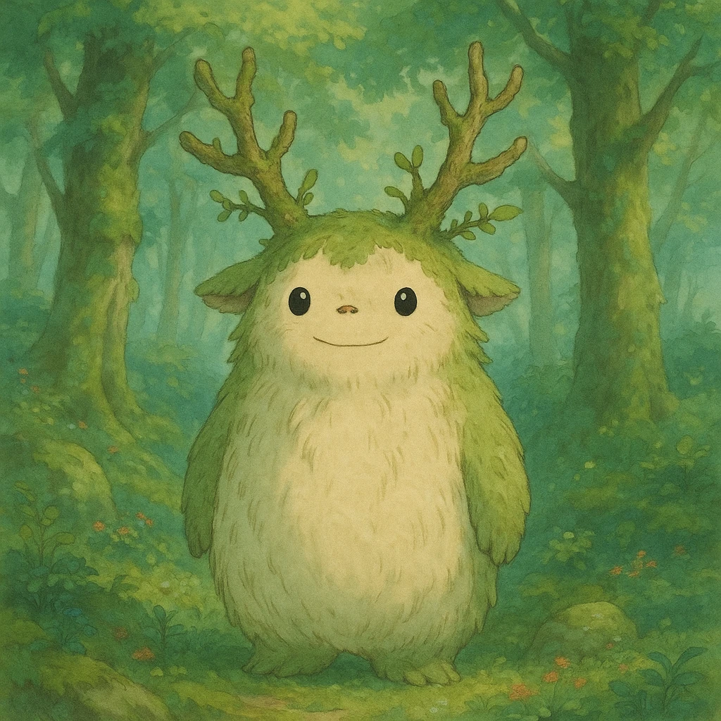 whimsical forest spirit, detailed, soft colors, ghibli style, magical atmosphere emoji