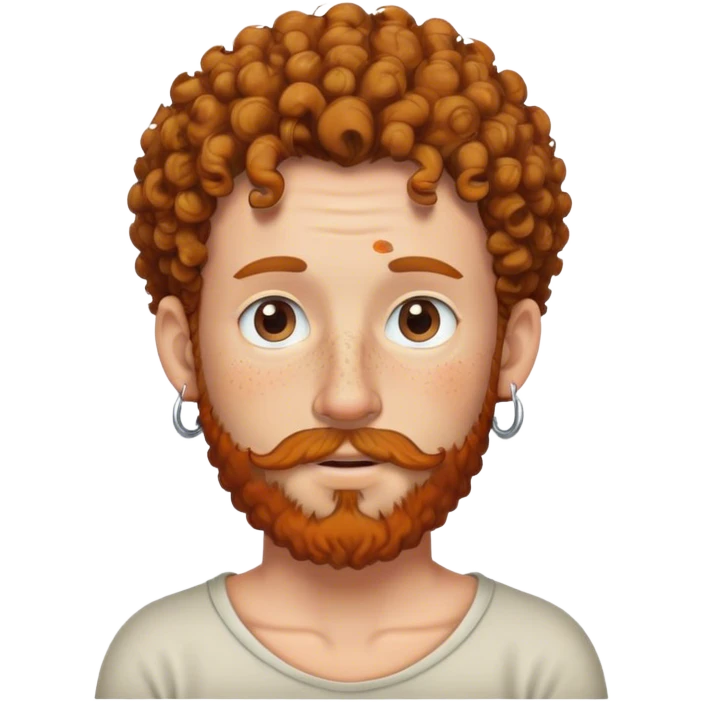 White man with freckles, curly hair, beard and earring on his nose emoji