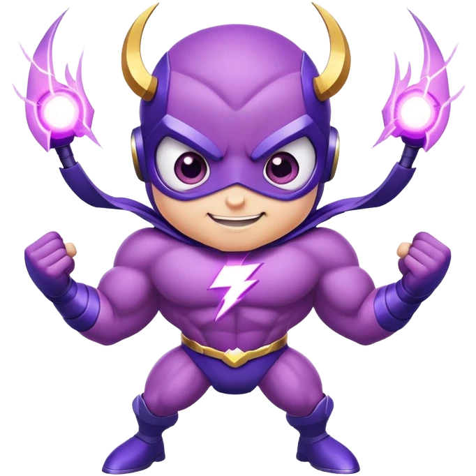 adorable purple insect superhero with big bulging muscles, electric lightning arms, huge cartoon eyes, and a confident smiling expression emoji