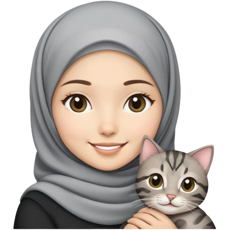 Asian white girl wearing pretty hijab holding a black grey tabby cat with smiling emoji