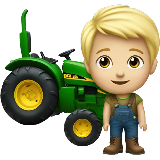 3 year old Blonde headed little boy riding a John Deere tractor emoji