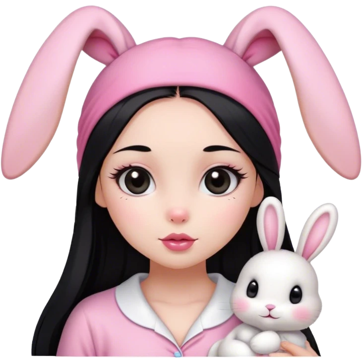 pretty girl, with straight long black hair, black eyes, long lashes, pink lips, wearing pink pajamas, and cute white bunny headband on her head and make it small emoji