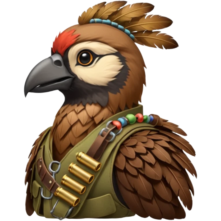 A bird bombadier, bandolier of grenades, side profile, forest critter emoji