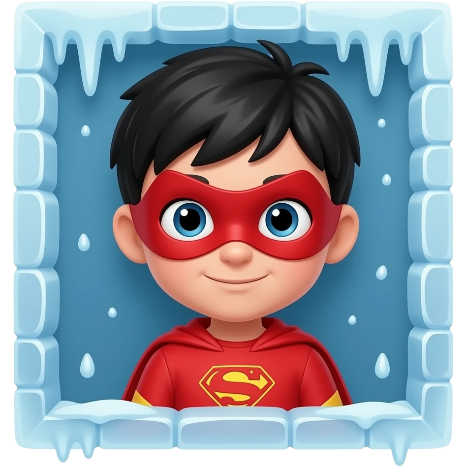quiero que me hagas a un superheroe con el pelo negro mascara roja i con un traje rojo que sea un niño que este en la pared congelado emoji