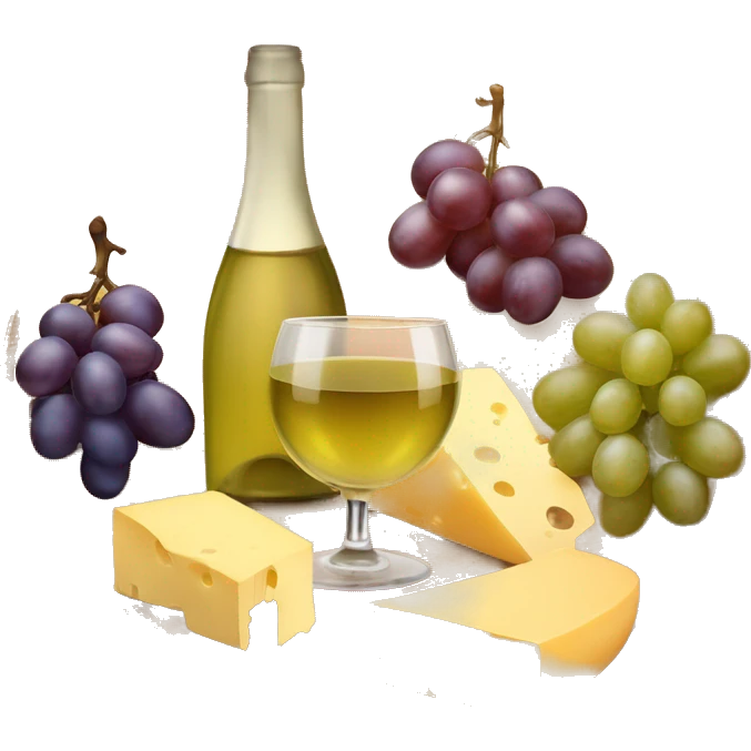 Circle wooden board with different kind of cheese, grapes and a glass of white wine emoji