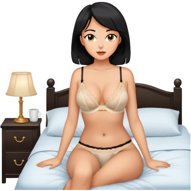 SFW Intimate pose, adult woman, black hair tanned, lingerie covered breasts showing areola SFW, sitting up in bed emoji
