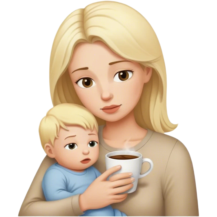 Tired mom drinking coffee holding blonde baby boy emoji