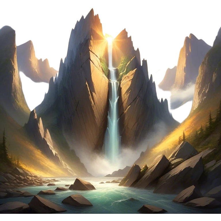 A breathtaking view of a massive mountain split perfectly in half, revealing a glowing mystical core inside. The jagged edges of the split rock are illuminated by a soft golden light emanating from the mountain's heart. The scene is set in a vast landscape with a dramatic sky filled with swirling clouds and beams of sunlight breaking through. Small waterfalls cascade from the edges of the broken mountain, creating a surreal and magical atmosphere. The surrounding environment consists of lush greenery, scattered ancient ruins, and mist rising from the depths of the split. emoji