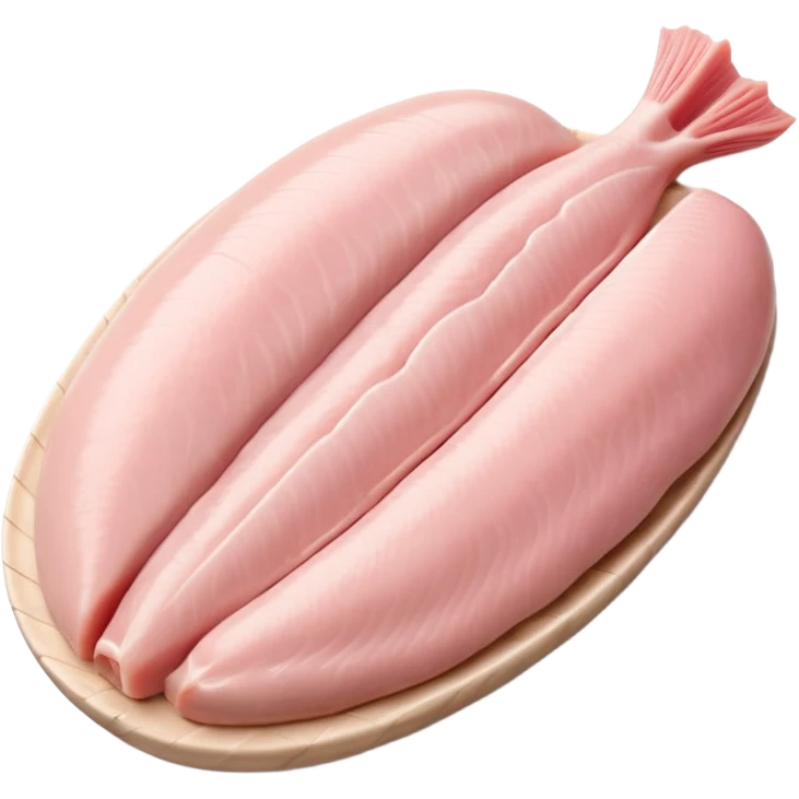 raw turkey fillet, boneless, elongated, pale pink, smooth, slightly moist, fine muscle grain, natural contours, clean, lean, tender, flat or gently curved, no plate or garnish, no faces, clean 3D, soft shadows, transparent background, emoji scale emoji