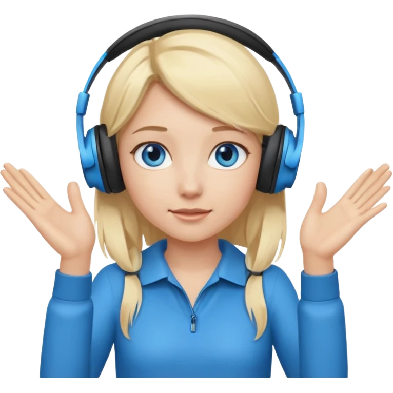 girl with blonde hair and blue eys with heands telling what, having heaphones on head emoji