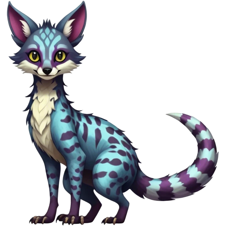 Feral Rare Fantasy dark colorful Vernid-Sergal-Genet-species by LiLaiRa, random markings, tufted tail, tufted ears, full body emoji