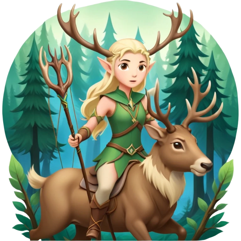 clash-of-clans-aesthetic-blond-elf-archer-portrait-emoji, rendered in a flat, vector-style with minimal shading and bold, simplified shapes, head tilted slightly forward with a determined, focused expression, riding a majestic stag whose luminous antlers glow with mystical energy, set against an ancient, enchanted forest backdrop. emoji