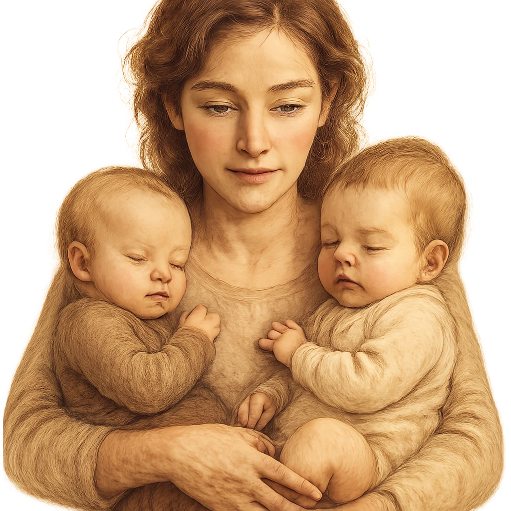 A detailed and expressive illustration of a mother holding two babies in her arms. The mother has natural proportions, detailed faces and hair, soft lines, warm color palette, soft shadows and highlights, atmosphere of coziness and love, no schematic eyes, realistic and warm style. emoji