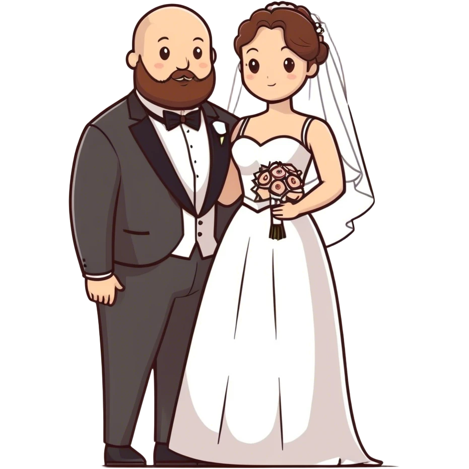 blue-eyed overweight bald man with a beard in a tux and brunette brown-eyed bride emoji