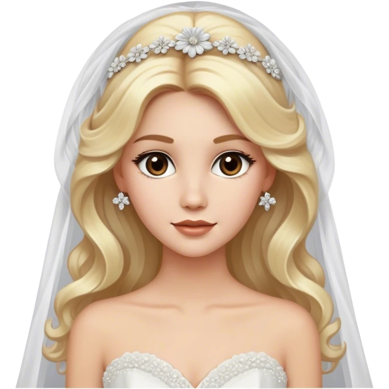 pretty blonde with brown eyes, long wavy hair, glamorous white tulle gown with 3D tulle flower embellishments, wedding veil, and diamond jewelry, highly-detailed emoji
