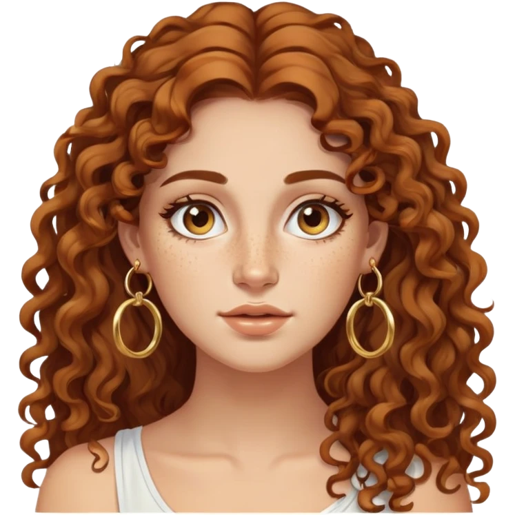 Attractive Greek woman with wide face, freckles, long curly amber-brown hair and gold hoop earrings emoji