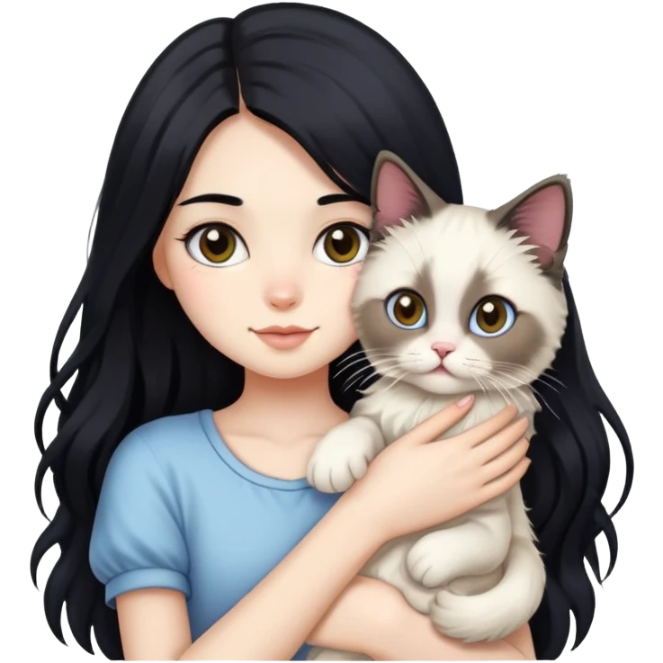 A girl with long black hair holding a cute ragdoll cat emoji