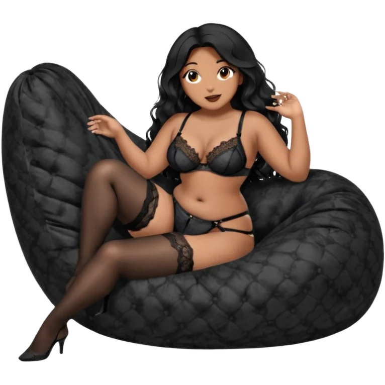 Curvy woman with brown skin with long wavy black hair, dark brown eyes. She's wearing a black lace lingerie, black lace thong, black stockings and suspender belt, she's sat on a big dark grey bean bag chair with her legs open and feet on the floor. She has her hands on the back of her head emoji