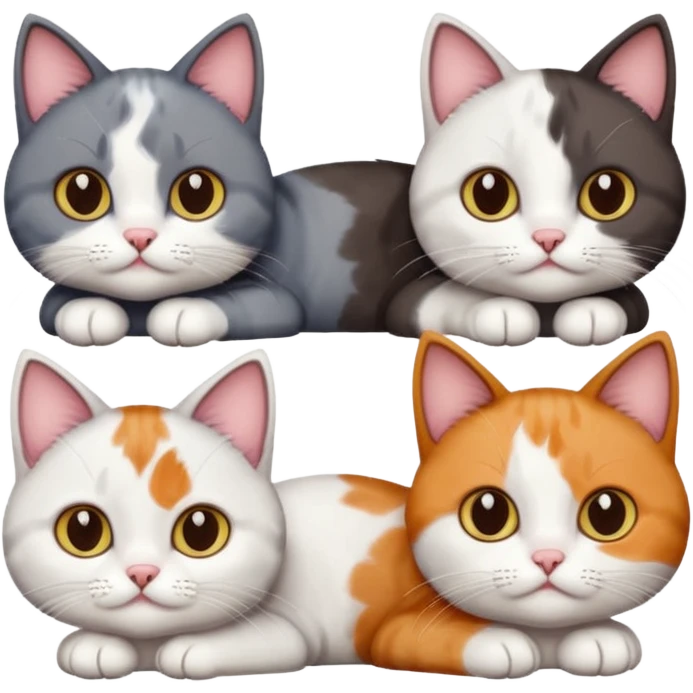 5 different coloured short haired cats including; a dark brown and white cat, and a dark grey and white, and a calico emoji