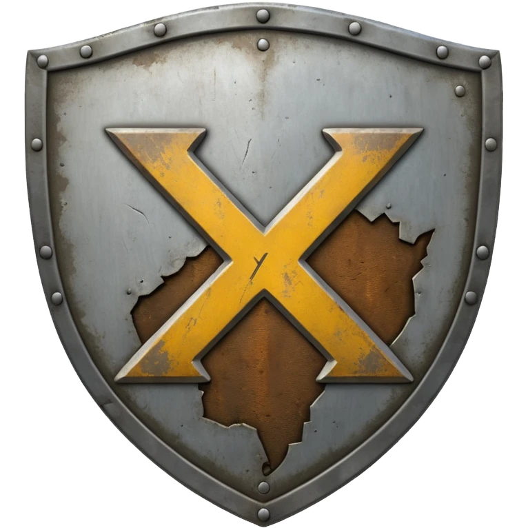 a battle worn steel shield with engraved text "XXX" (Three Xs), the text should be prominent and in the center of the shield emoji