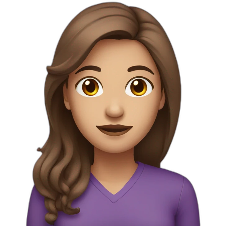 Woman with long brown hair and brown eyes with a purple shirt emoji
