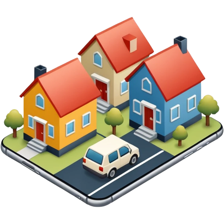 group of 3 houses representing neighborhood isometric houses on transparent background iphone like emoji