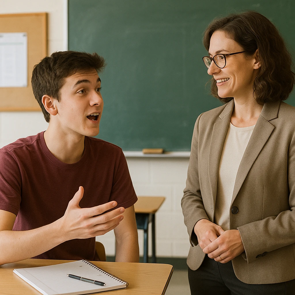 a student speaking to a teacher in a classroom setting, showing the act of verbalizing or expressing thoughts emoji